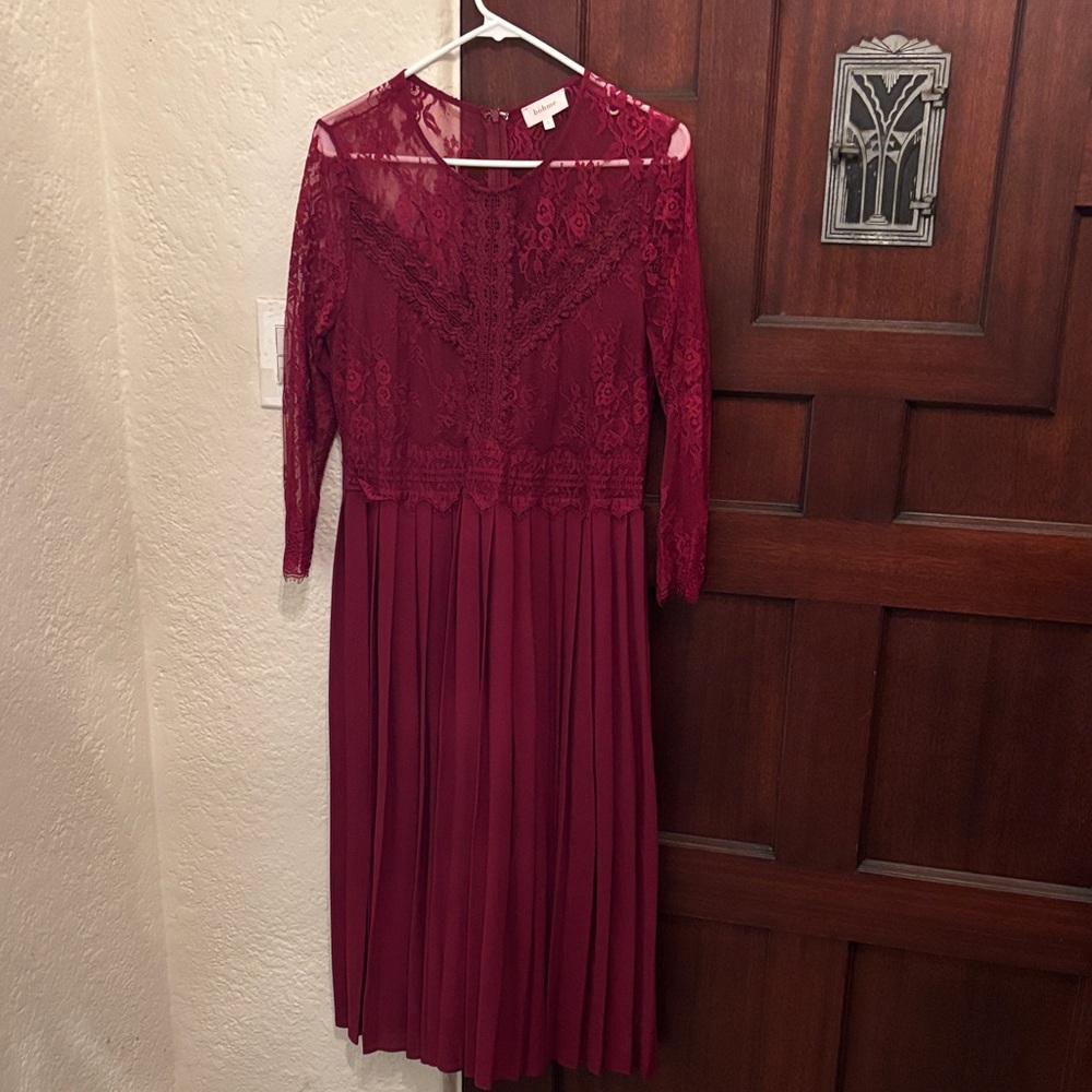 bohme Burgundy Lace Bodice Pleated Midi Dress